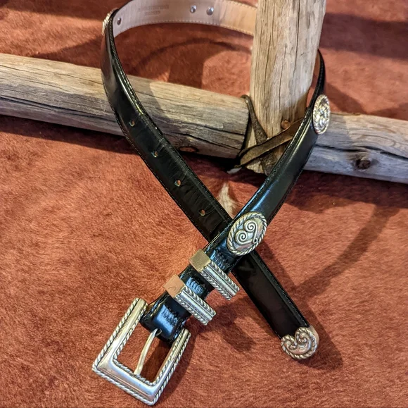 Studio Barse Black Leather Belt with Silver Conchos and Buckle - Picture 1 of 13